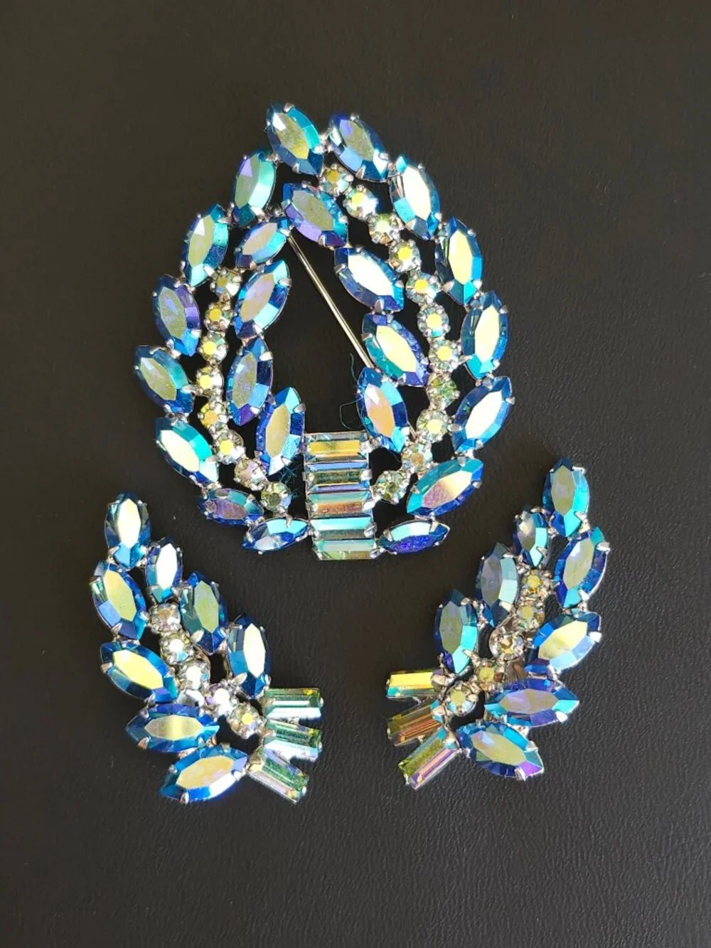 Vintage B. David Peacock Blue AB Rhinestone Brooch & Earring Set